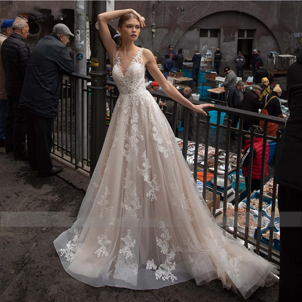 

Lindo vestido de noiva de renda princesa, com decote em v aberto, manga espaguete, tule longo, linha a, vestidos de noiva