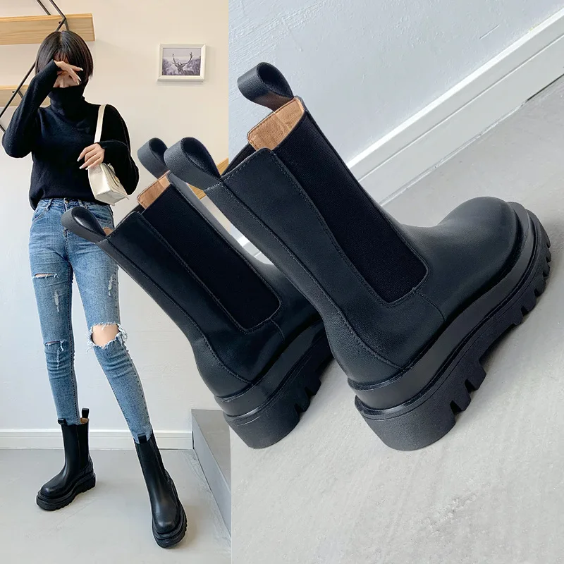 

Net Red Same Style Leather Chelsea Boots Women Autumn and Winter Thick-soled Smoke Boots Long Tube short Boots Women's Shoes