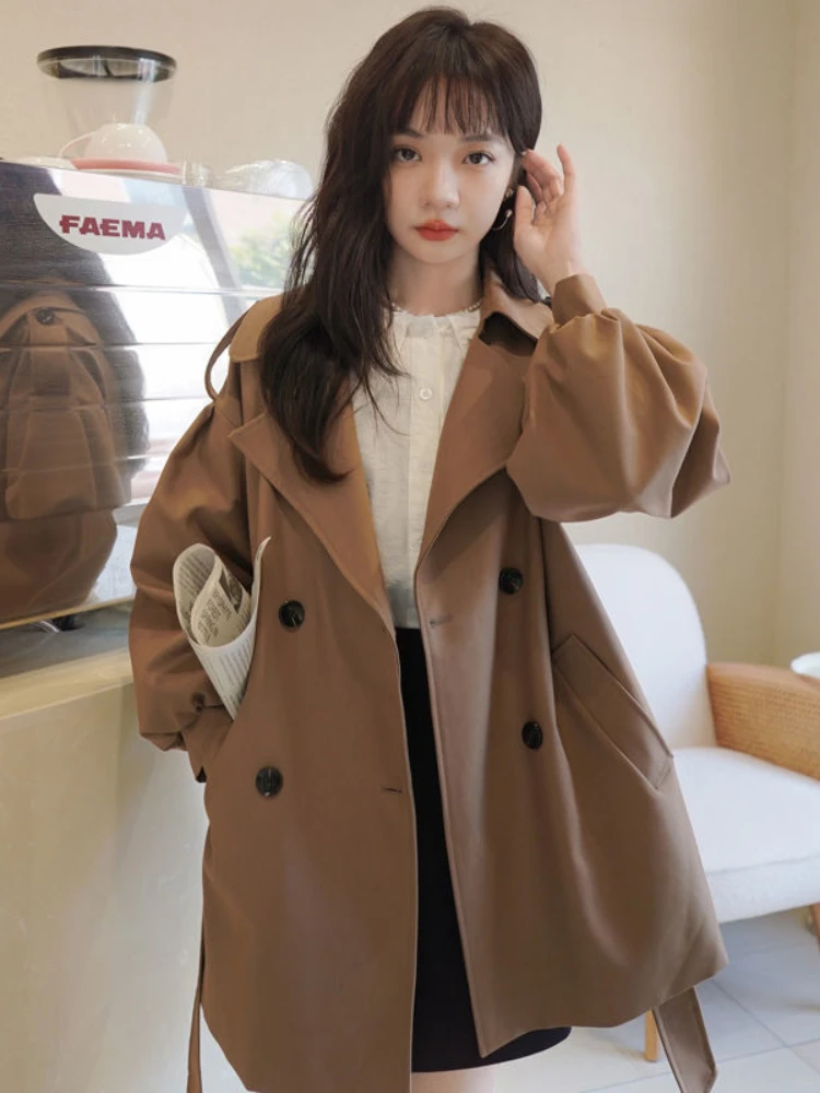 

2023 Spring Autumn Korean Fashion Top Coffee Short Windbreaker Coat Female Solid Color Loose Lantern Sleeve Women Coat Jacket