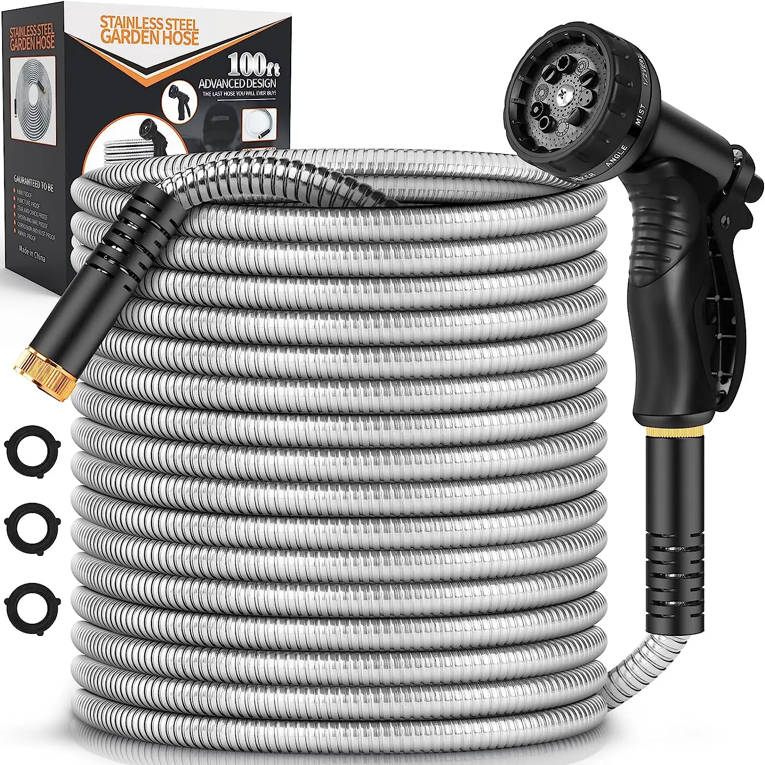 

POPTOP Metal Garden Hose 100FT, Heavy Duty Water Hose With 10 Nozzle, No- & No-Kink, Tough & Flexible, Durable and Lightweight