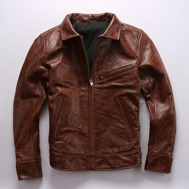

2022 Men's Brown Genuine Cowhide Motorcycle Leather Jacket Men's Fashion Thick Cowhide Bomber Jacket