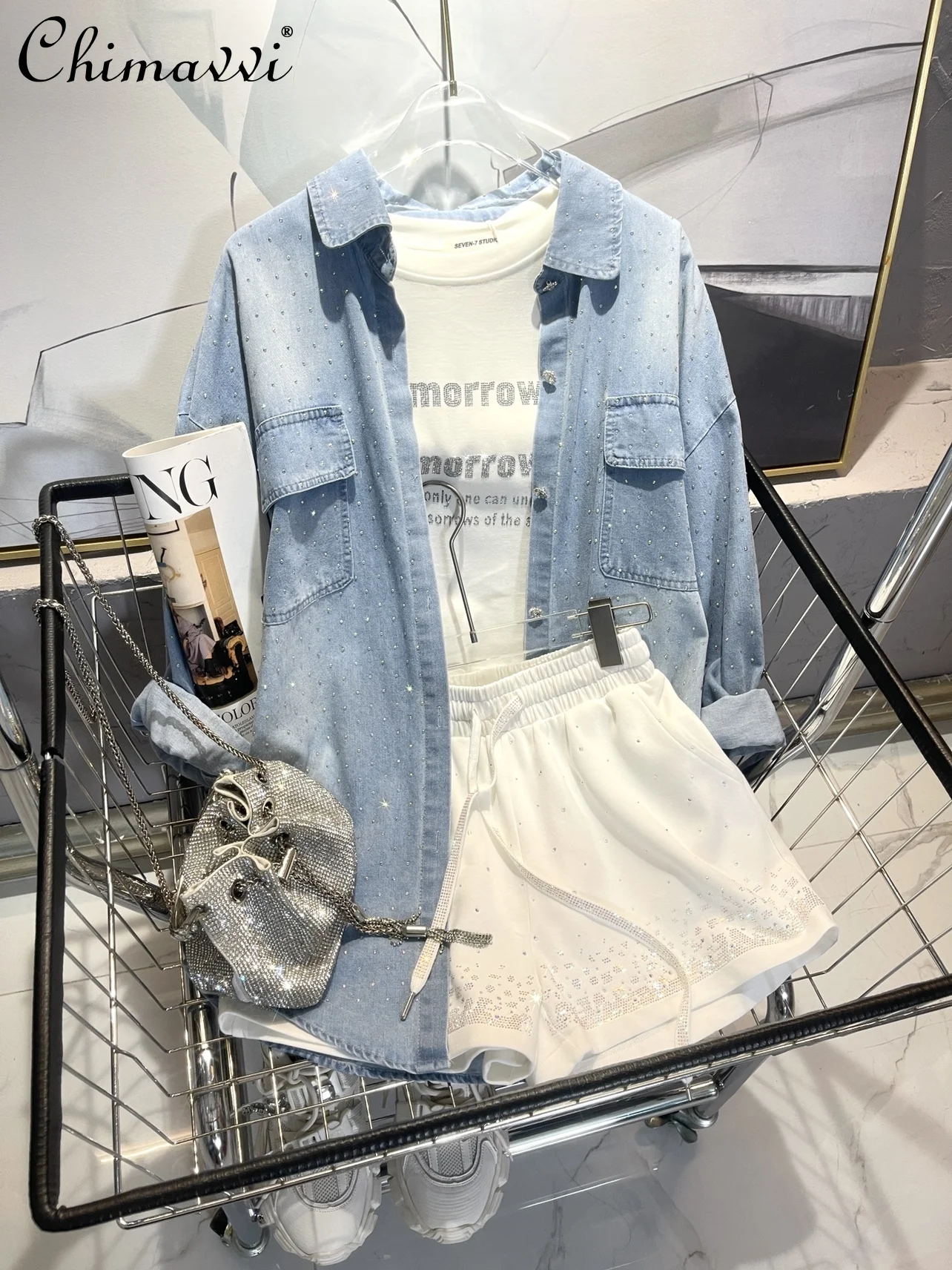 Женская джинсовая рубашка со стразами Повседневная мешковатая блузка большого