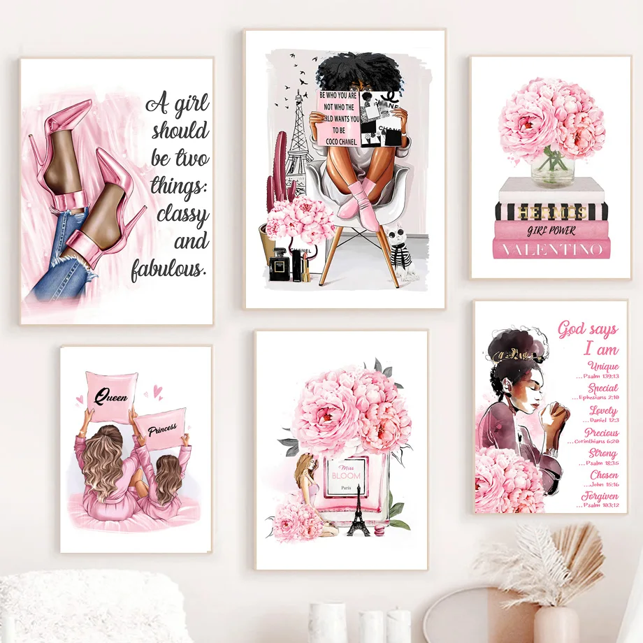 

Fashion Black Girl Heels Peony Book Paris Perfume Art Canvas Painting Nordic Posters And Prints Wall Pictures Living Room Decor