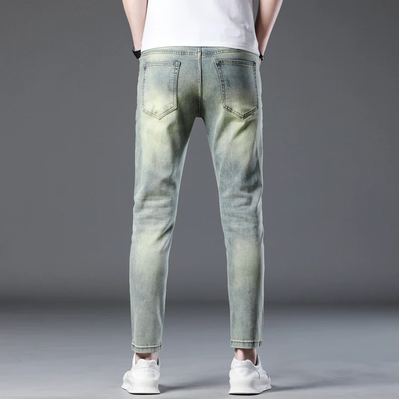 Мужские джинсы в стиле ретро синие облегающие брюки до щиколотки Стрейчевые