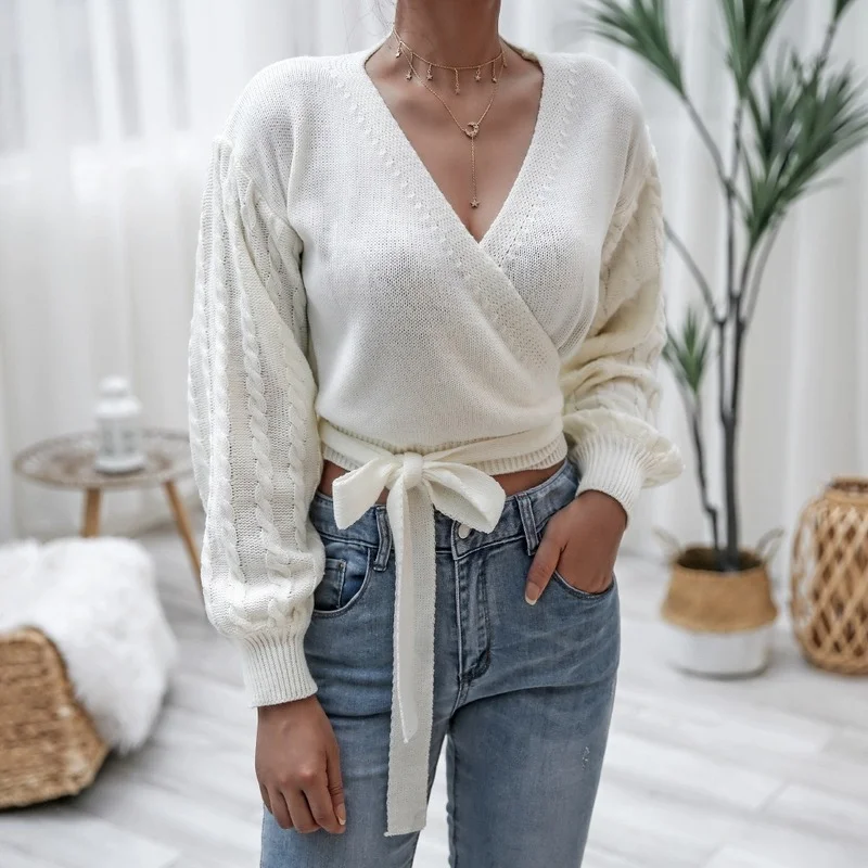 

Women's Twist Lantern Long Sleeve Knit Sweater Waistband Cross Wrap Casual Long Sleeve V Neck Rib Knit Loose Tie Up Crop Tops