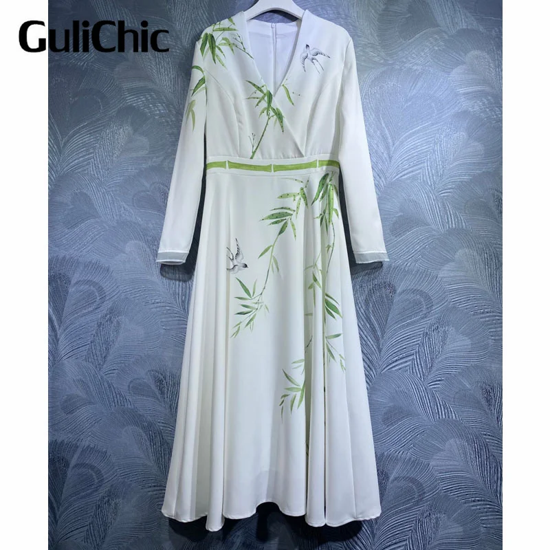 

4.1 GuliChic Women Fashion V-Neck Bamboo Birds Print Rhinestone Decorate Elegant Temperament Long Dress