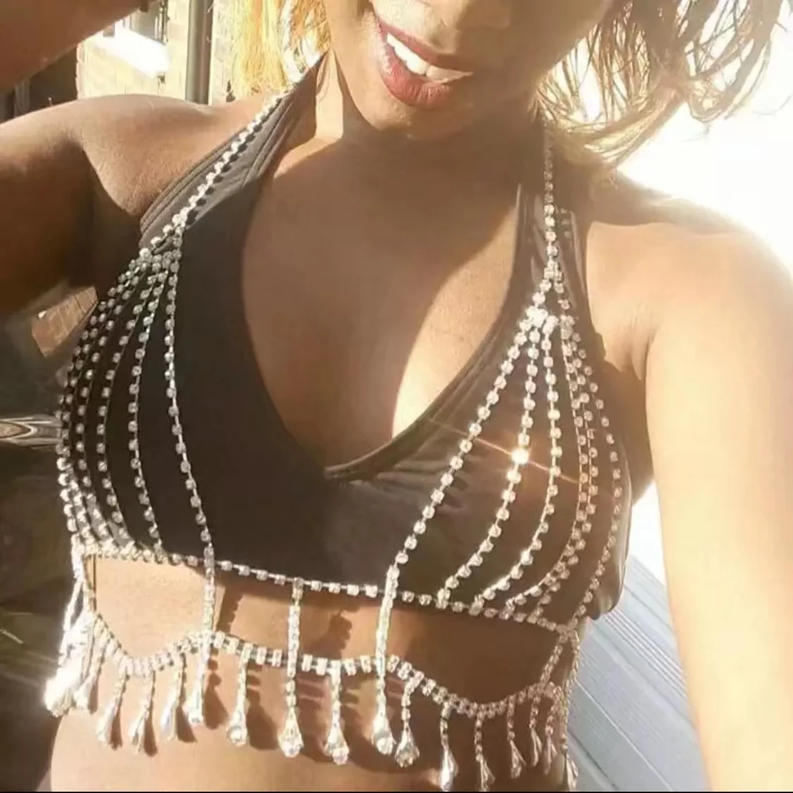 

New trend shiny tassel Rhinestone breast chain women's fashion luxury crystal bra Necklace body jewelry nightclub underwear gift