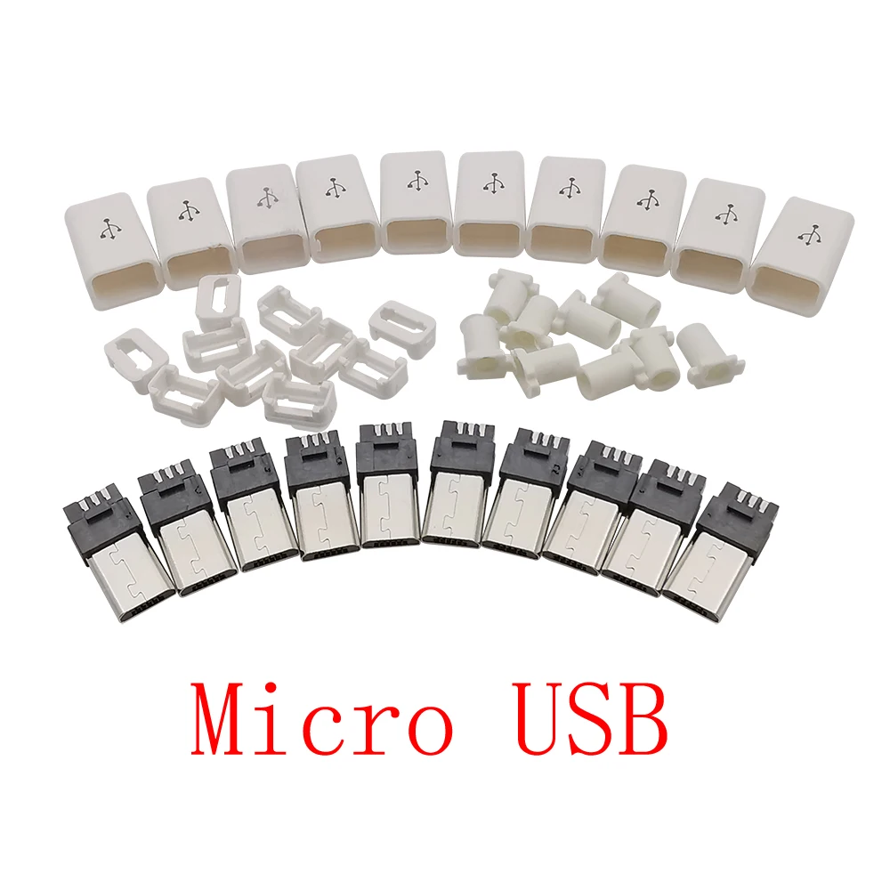 

10Pcs Micro USB 5Pin Тип пайки Штекерные разъемы Зарядное устройство 5P MicroUSB Tail Зарядное гнездо Ремонт Вилки 4 в 1 Белый