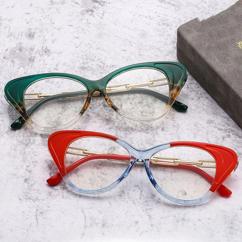 

Retro Stitching Color Metal Cat Eye Anti Blue Light Optical Glasses Frames Women Fashion Computer Eyeglasses