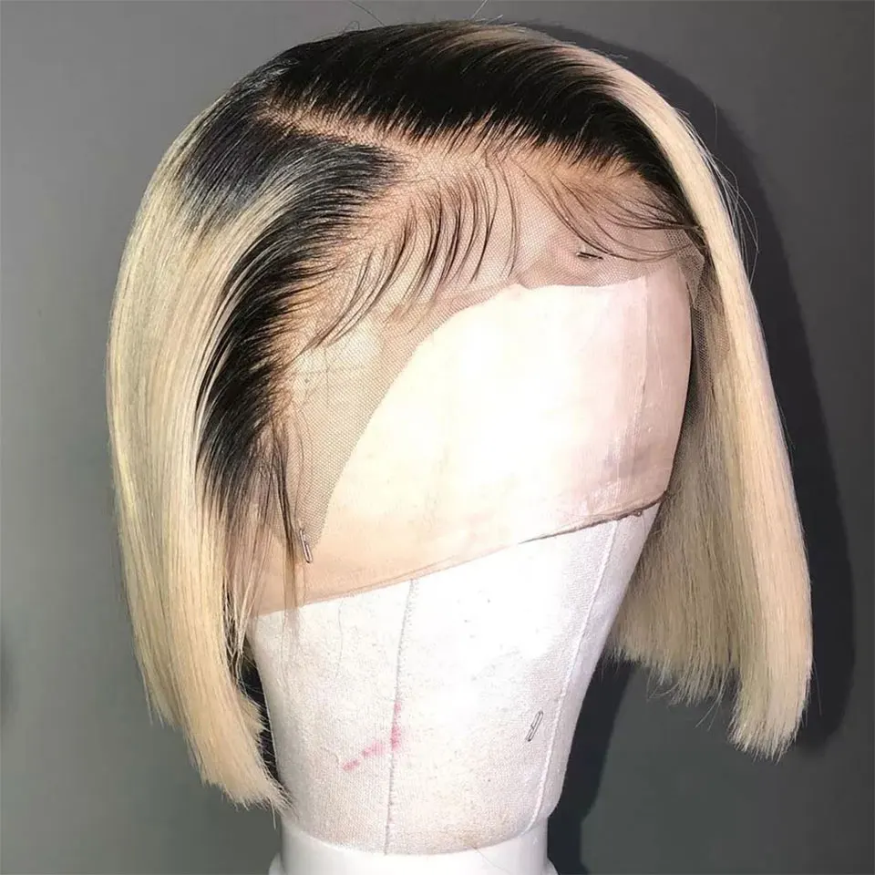 

150% Density Honey Blonde Short Bob Wig For Women Ombre 1B 613 Lace Front Human Hair Wigs With Baby Hair Pre Plucked Transparent