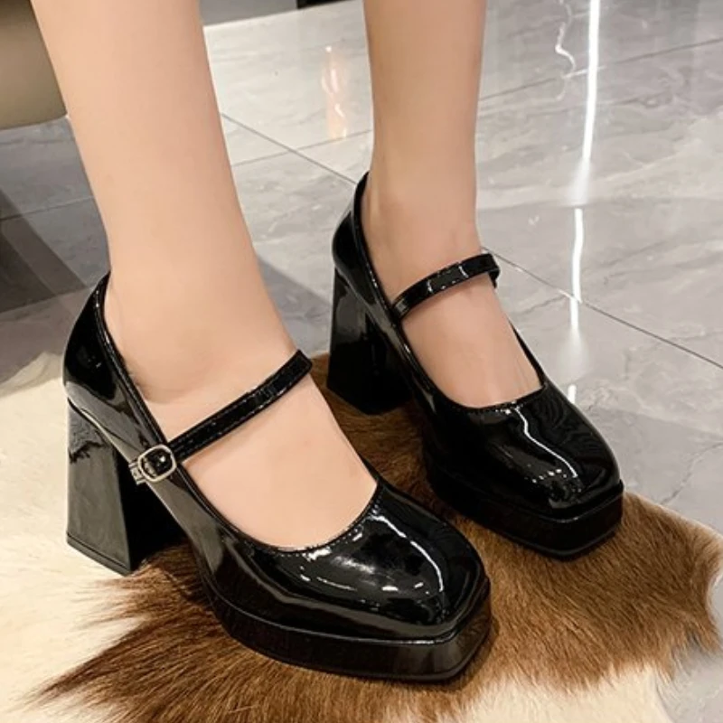 

New Platform Square Toe Anti-drop Pimp Buckle Strap Pumps Women Shoes Beige Chunky Heels Pumps