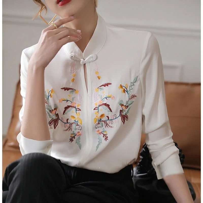 Chinese Style Imitation Silk Shirt Women's Design Trend Trend Heavy Industry Embroidery Commuter Retro Buttoned Top Blouse