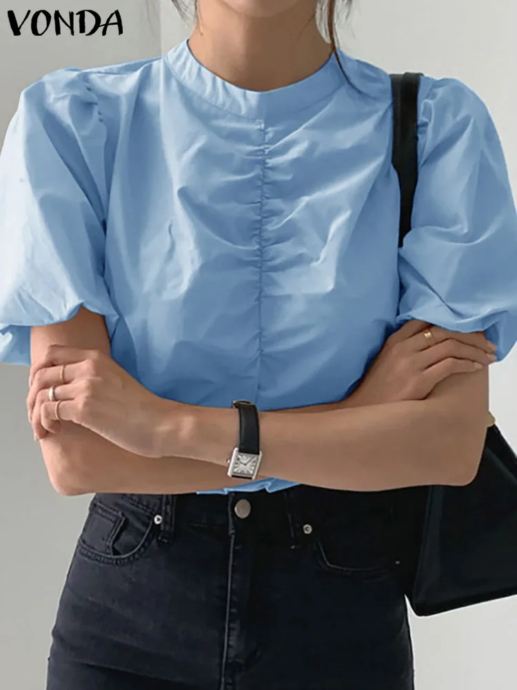 

VONDA 2022 Female Vintage Women Party Blusa Solid Short Chemise Summer Casual Pleated Short Puff Sleeve Street Blouse Oversized