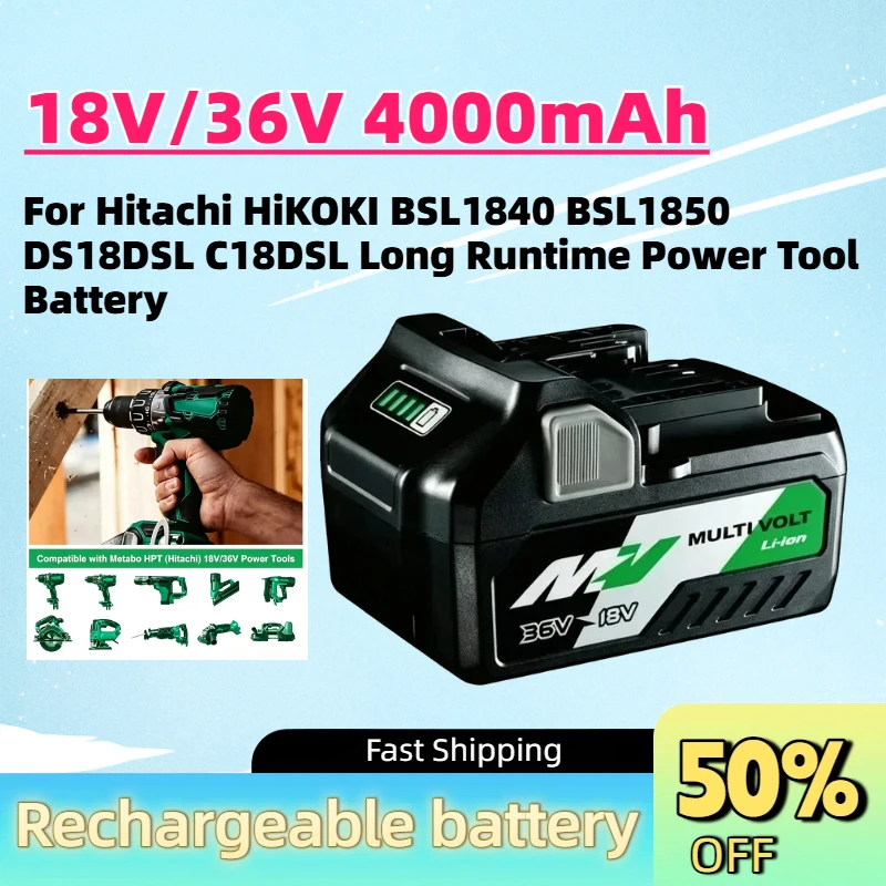 Фото Высокопроизводительный литиевый аккумулятор 18В/36В 4000мАч для Hitachi HiKOKI BSL1840 BSL1850 DS18DSL C18DSL, аккумулятор для электроинструмента с длительным временем работы. №1