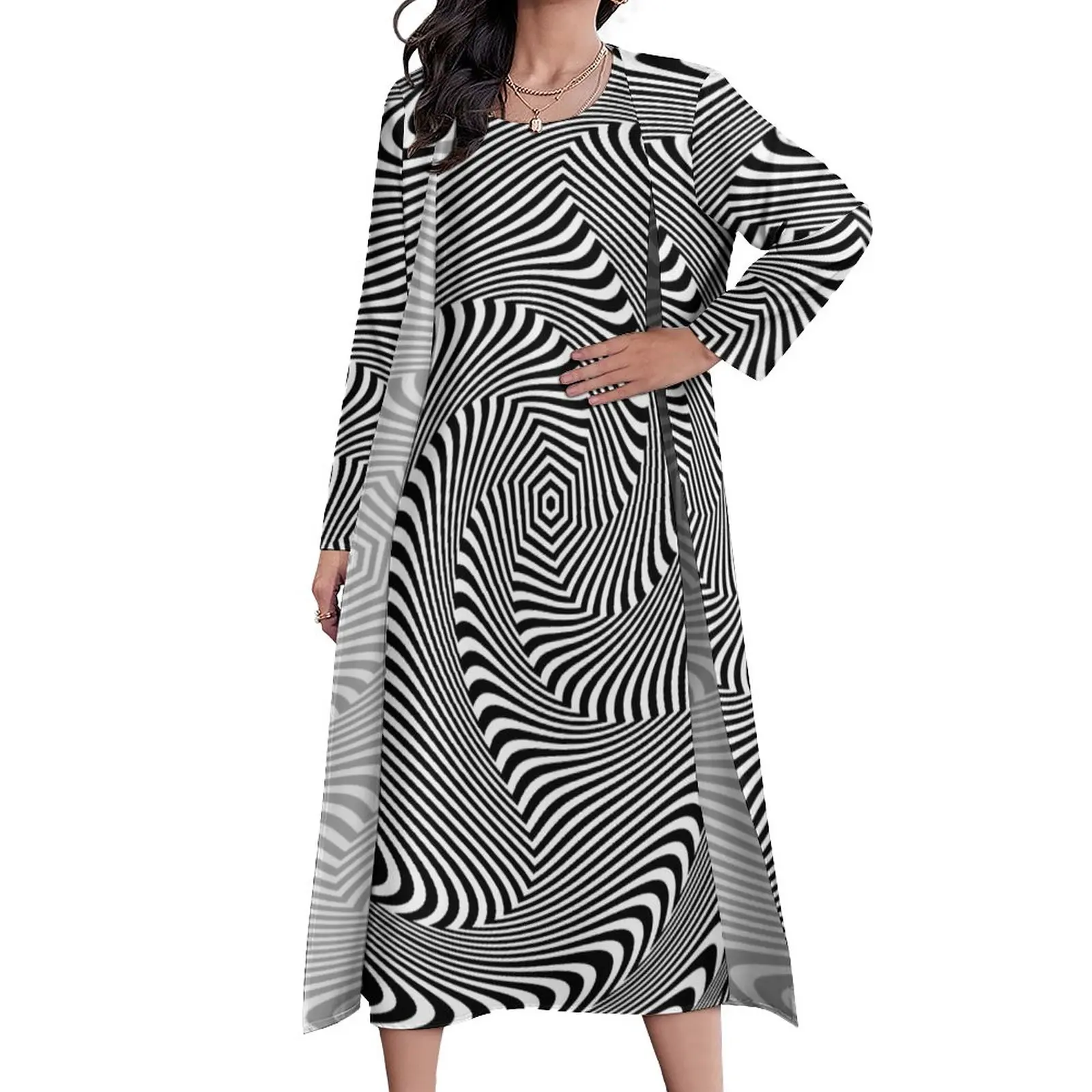 

Swirl Lines Dress Black And White Elegant Maxi Dress Two Piece Custom Casual Long Dresses Streetwear Oversized Vestido