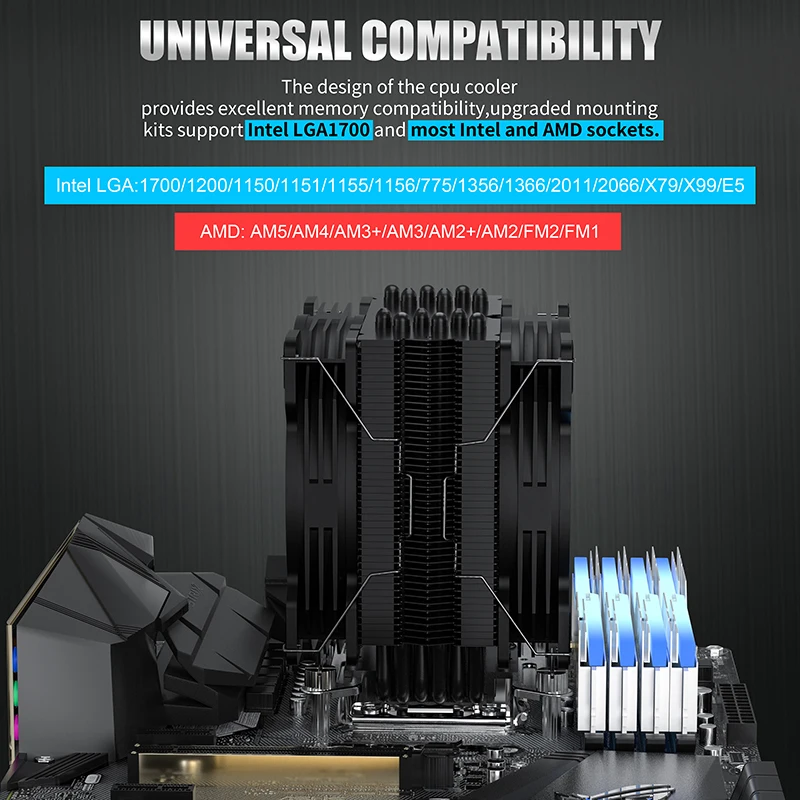 Кулер для процессора SNOWMAN с 6 тепловыми трубками 120 мм PWM 4-контактный бесшумный RGB