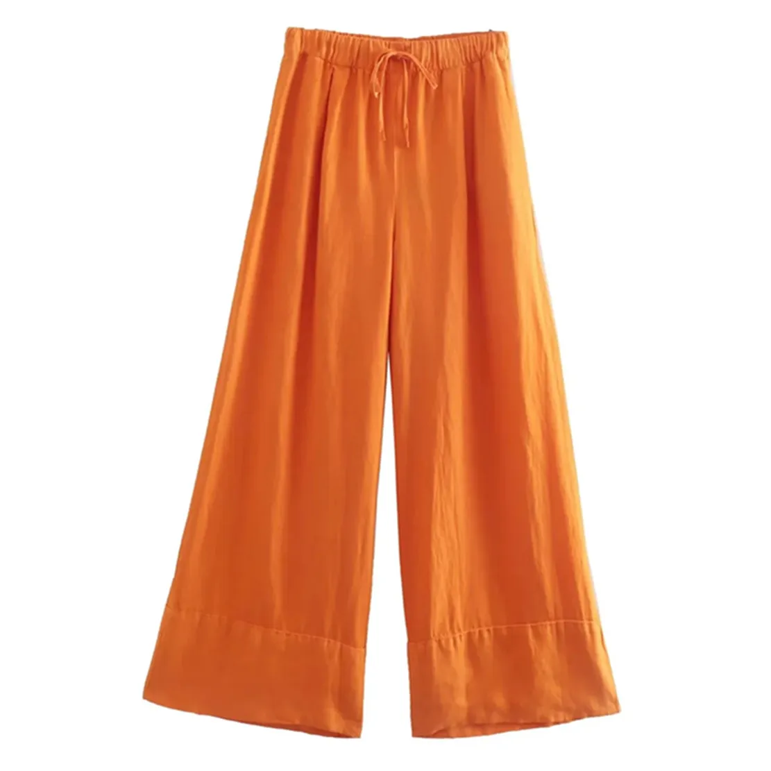 

Dave&Di Fashion Casual Trousers Women Indie Folk Orange Color Drawstring Linen Wide Leg Pants