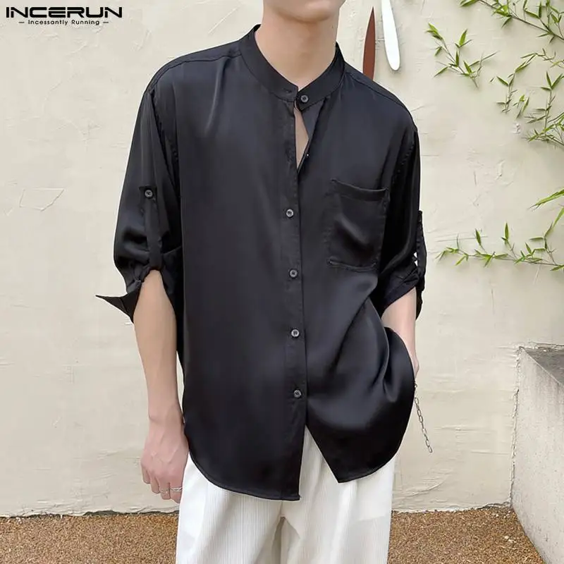 

Casual Simple Style Tops INCERUN Men Fashion Solid All-match Comfortable Satin Shirts Streetwear Male Medium Sleeve Blouse S-5XL
