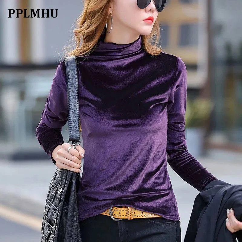 

Classic Solid Slim Half Turtleneck Velvet T-Shirt Women Autumn Winter Warm Basic Long Sleeve Bottoming Tops Casual Velour Tees