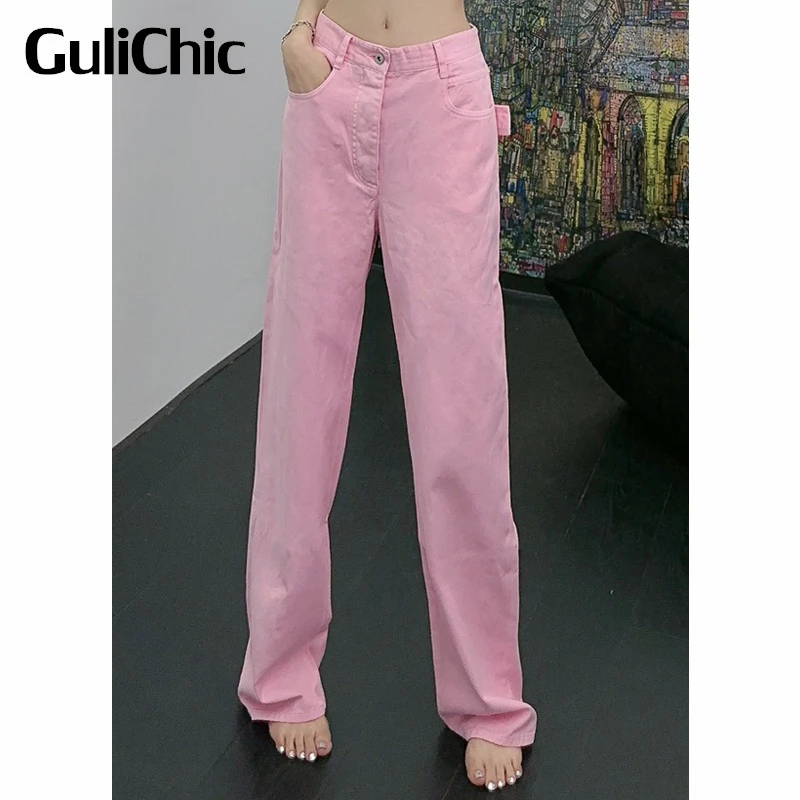 

6.27 GuliChic Women Summer Casual Comfortable Cotton Pink Straight Jeans