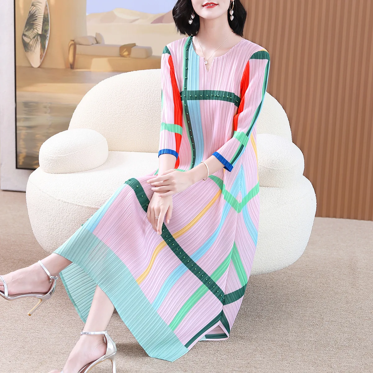 

Miyake Pleated Plus Size Skirt Women's Autumn 2023 New Fashion Plaid Printed Temperament Dress Plump Girls Elegant Dresses Women