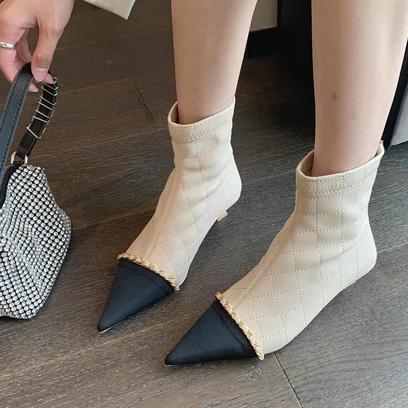 Pointed Toe Shoes Women Ankle Boots Mixed Color Metal Chain White Beige Thin Low Heels Short  Back Zipper Botines Mujer