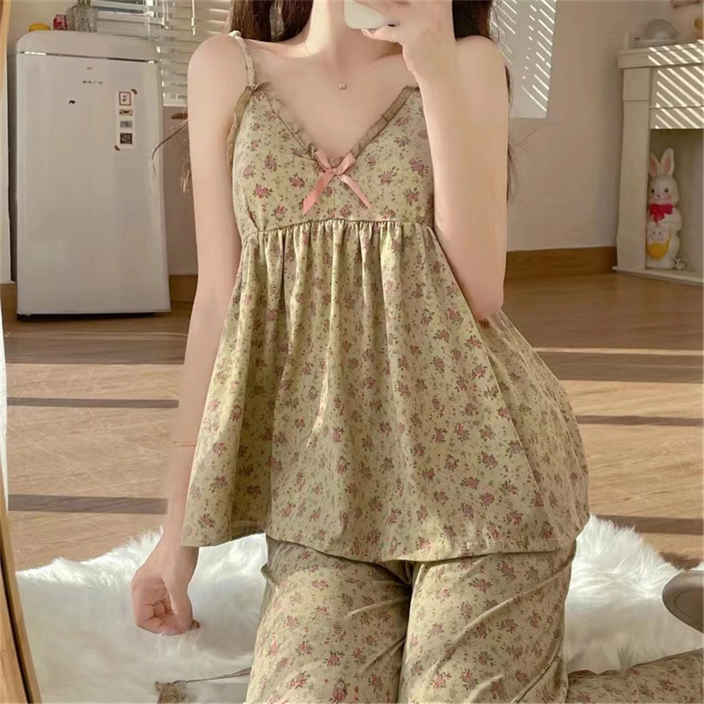 2023 New Flower Summer Women Pajamas Set V Neck Sling Top + Long Pants Sleepwear Suit Sweet Girls Sexy Lace Nightwear Outer Wear