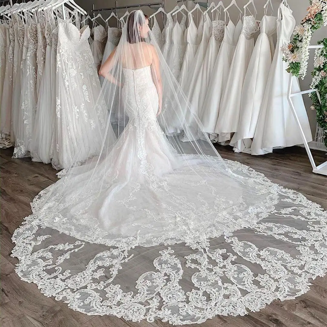 

Custom Made Chapel Length Bridal Veils with Appliques In Stock Long Wedding Veils Vestido De Noiva Longo Wedding Veil