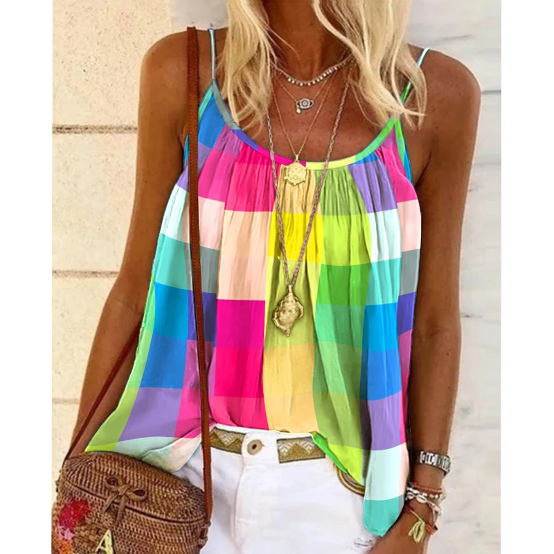 

Summer Women Fashion Sleeveless Scoop Neck T-shirts Spaghetti Strap Daily Vacation Colorblock Plaid Print Flowy Cami Top