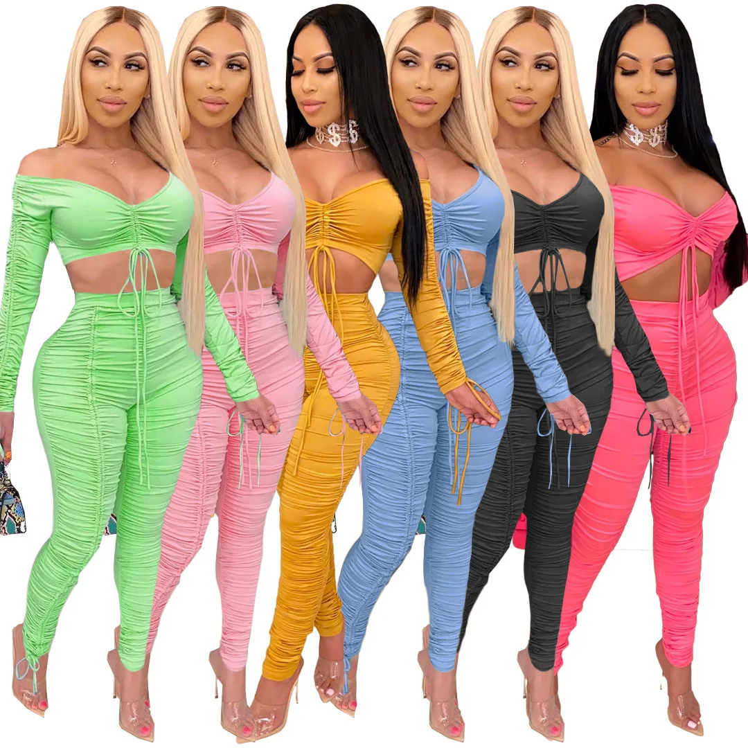 

2 Pack Women's Casual Loungewear Sexy Streetwear Fashion Solid Smocked Wrap Top and Pennies Casual Outfit Women