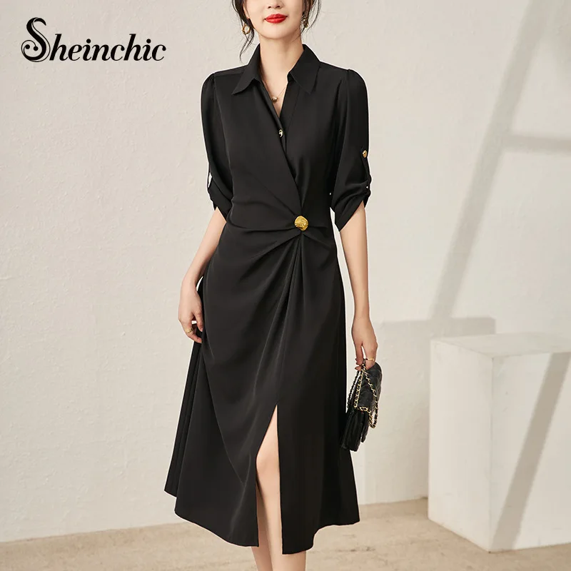 

Женское офисное платье-рубашка, элегантное черное винтажное платье миди с драпировкой, роскошная дизайнерская одежда, весна-осень 2023