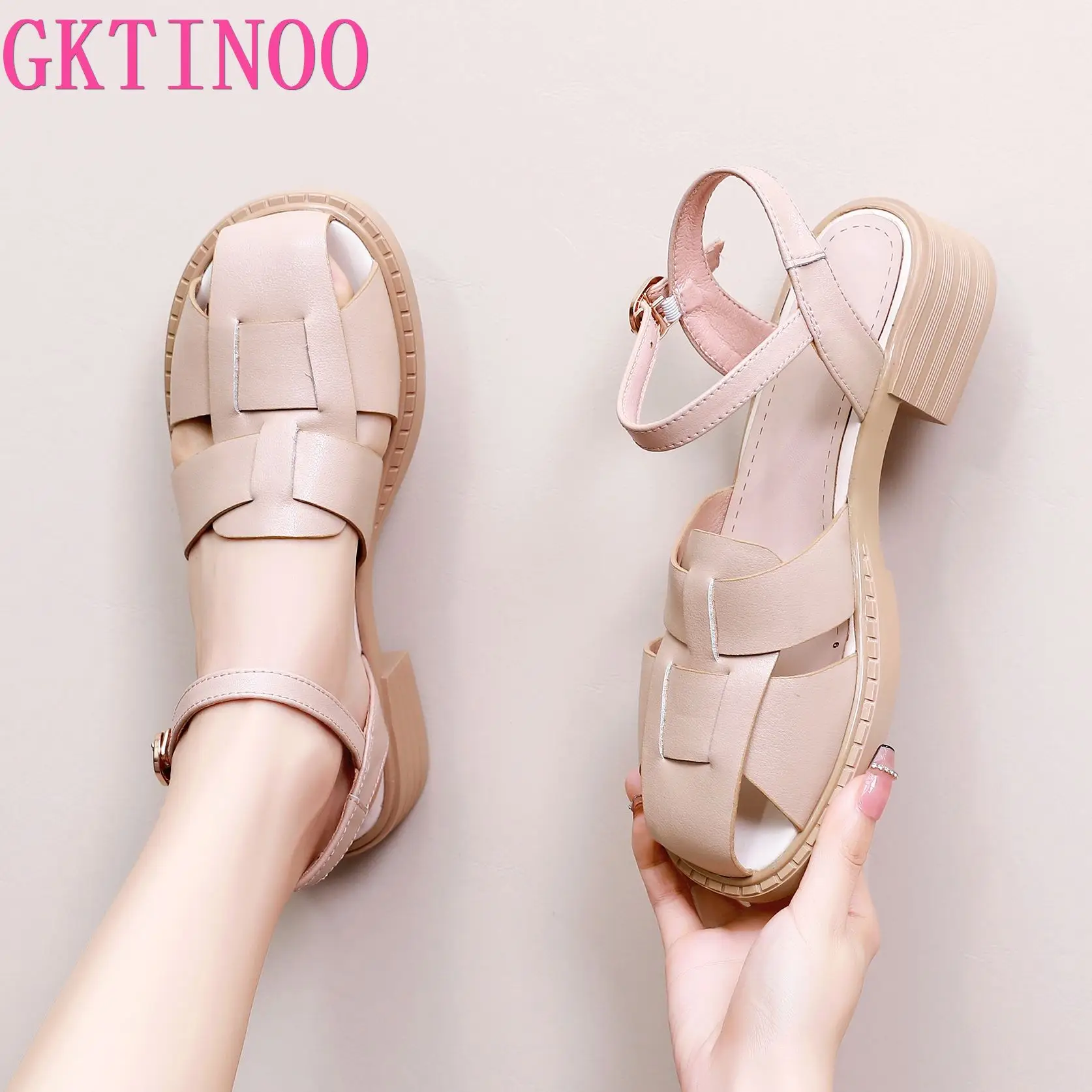 

GKTINOO Genuine Leather Gladiator Sandals For Women Round Toe Weaving Roman Shoes Women 2023 Summer Fashion Casual Flat Shoes