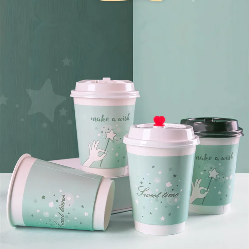 

50pcs High quality disposable milk tea paper cup double wall hot drinks packaging cups 400ml 14oz coffee blue cups with lids