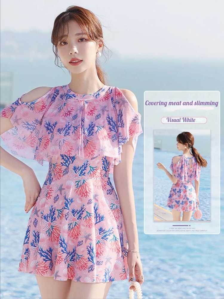 Summer Korean Version One Piece Skirt Style Swimsuit, Beach Hot Spring Fresh Girl Slimming Beach Women'S Clothing, Free Shipping