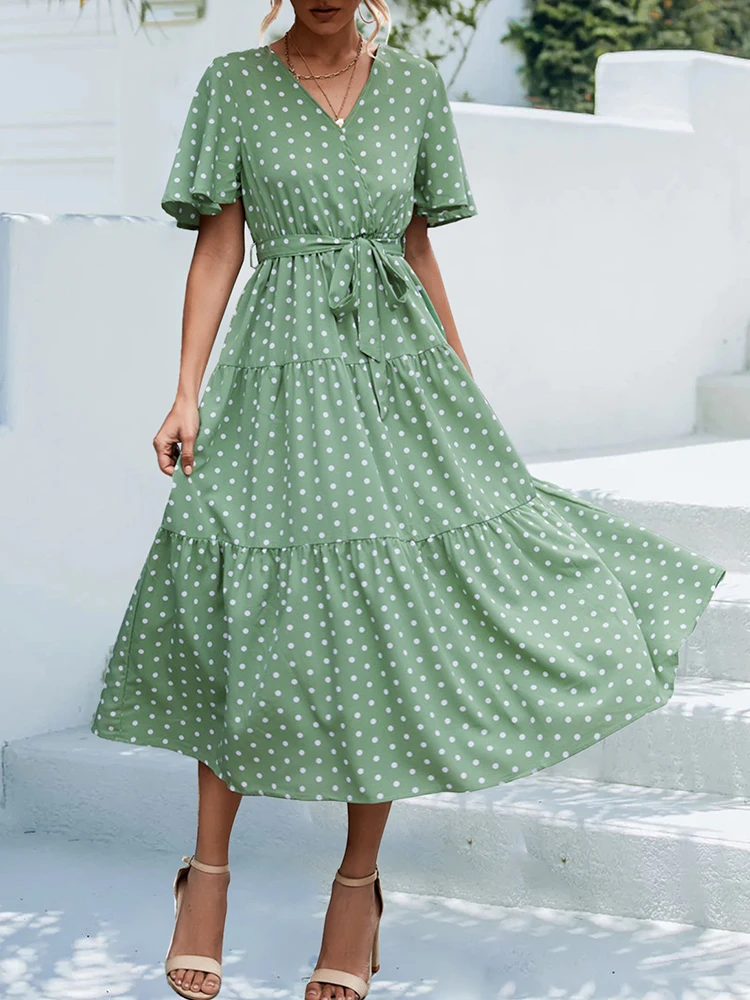 

Женское длинное платье в горошек, с V-образным вырезом и коротким рукавом