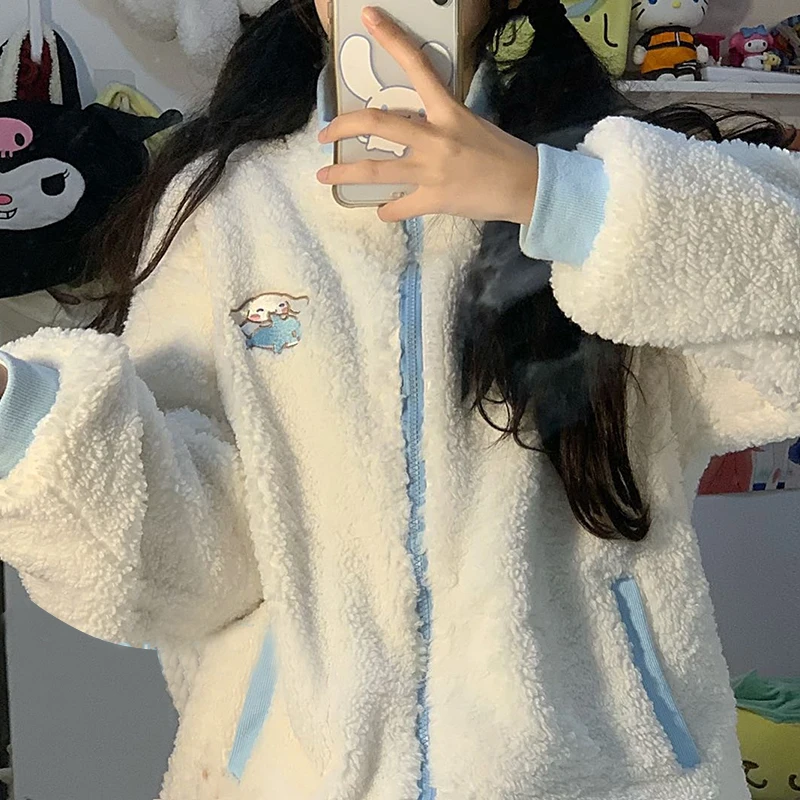 

Sanrioed Cinnamoroll Cartoon Cute Japanese Style Lambswool Stand Collar Embroidery Thicken Autumn and Winter The New Female