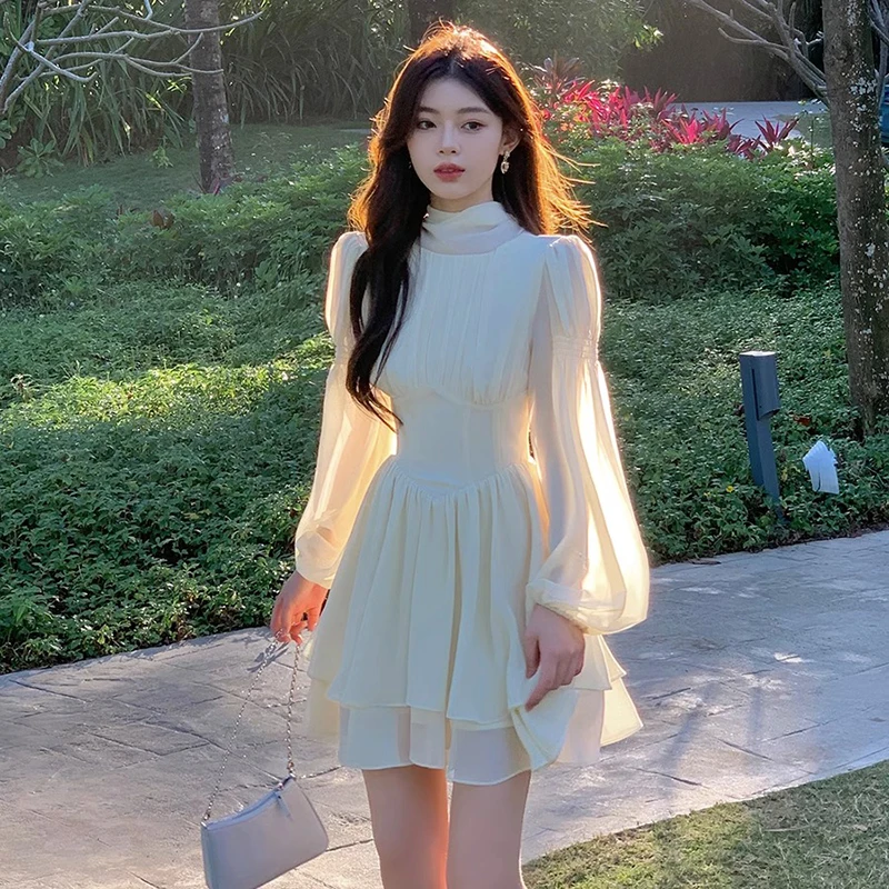 

French White Chiffon Maxi Dresses for Women Elegant Sleeve Slim Puff Sleeve bodycon Dress Gentle Fairy Short Dress Summer 2023