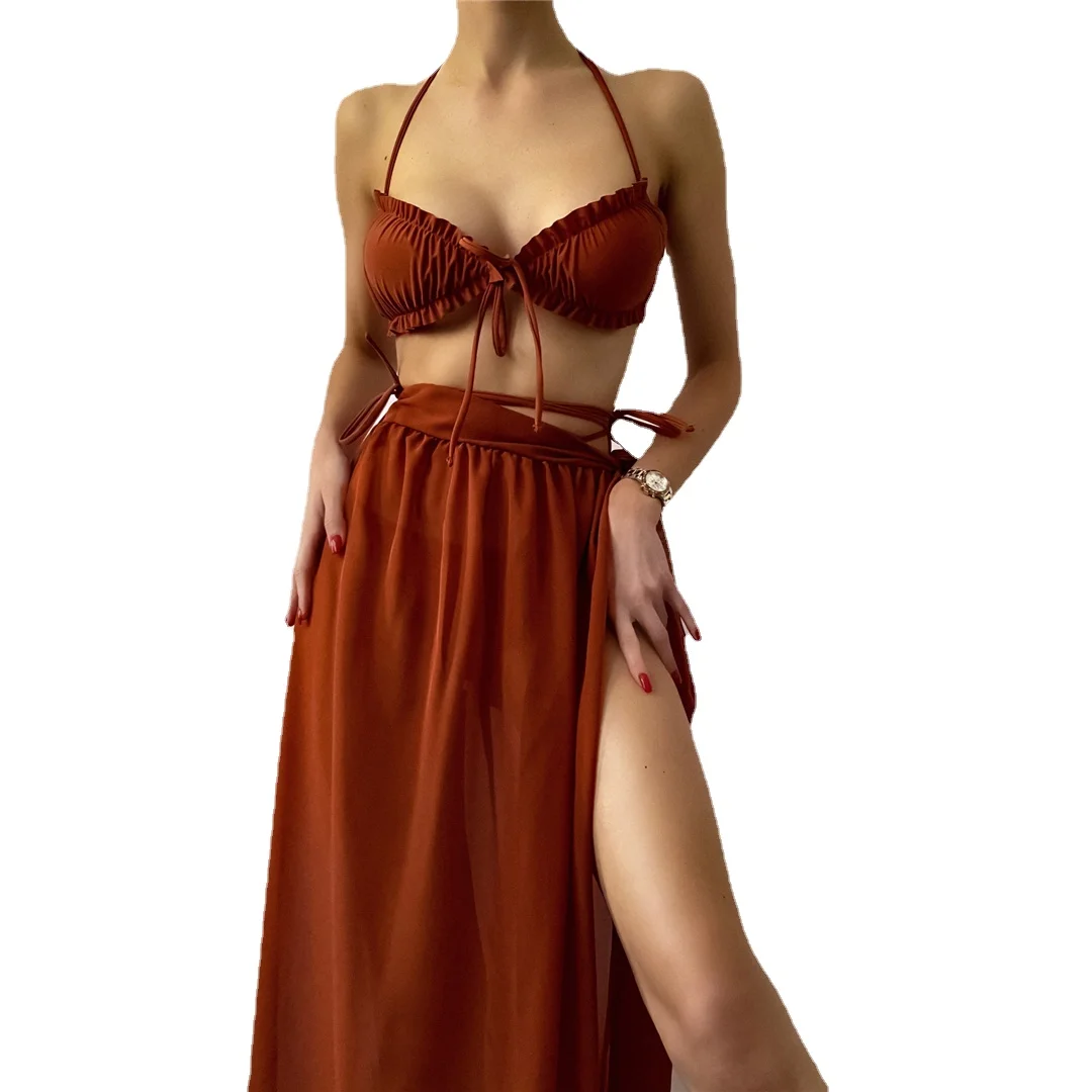 

Halter Bikini set With Sarong Wrinkled Bra Women Swimwear Female Three-pieces Wrap Around Swimsuit Beachwear Bathing Suit Swim
