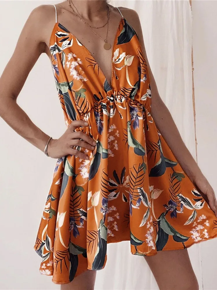 

hirigin Fashion Print Summer Party Dress Beach Sleeveless Loose A-Line Mini Dresses Women's Sexy Backless Smocked Sling Dress