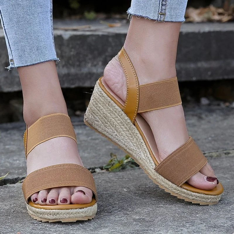 

2023 New Summer Peep Toe Elastic Strap Hemp Rope Platform Shoes Wedges Sandals Womens Ladies Gladiator Sandal Casual Sandalias