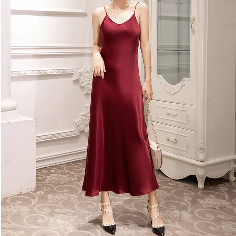 

England style women fashion elegant V-neck Spaghetti Straps long dress comfortable Summer Acetate Satin Dress party Vestidos