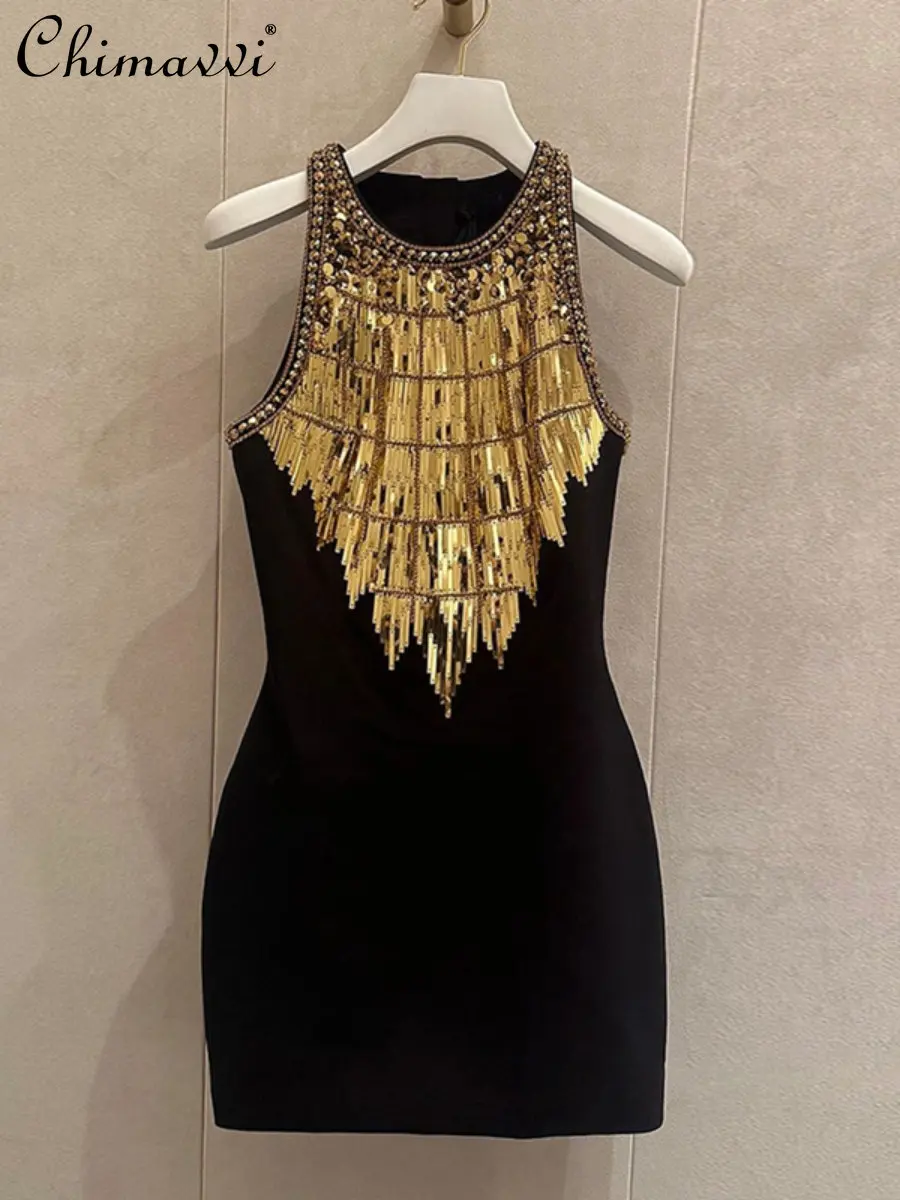 High-End Light Luxury Heavy Beads Dress for Women 2023 Summer New French Fashion Slim Sexy Short Dress Birthday Party Dress