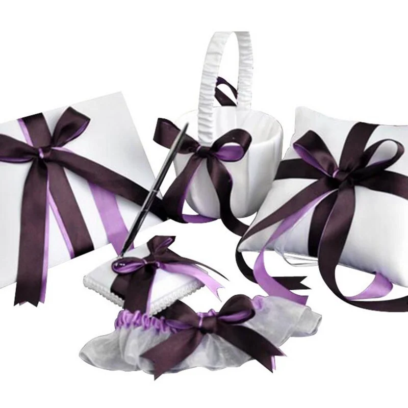 

5pcs/set(Guest Purple book+Flower Basket+Pen Holder+Ring Pillow+Garter) Handmade Satin Rhinestone Ribbon Decor Wedding Supplies