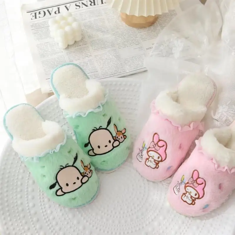 

Sanrio Kawaii Girl My Melody Pachacco Cinnamoroll Kuromi Plush Women Cotton Slippers Anti-Skid Keep Warm Indoor Plushies Shoes