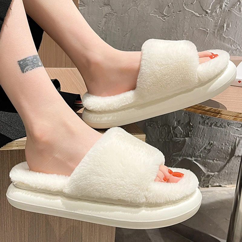 Thick Fluffy Fur Slippers 2022 New Women Winter House Warm Furry Slippers Women Flip Flops Home Slides Flat Indoor Floor Shoes