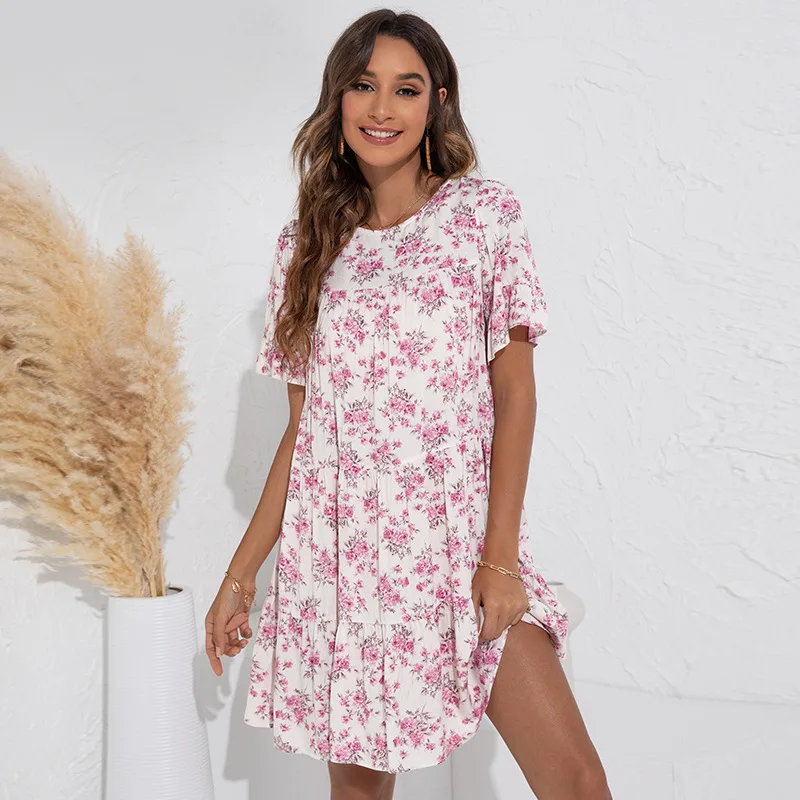 

Summer Fashion Ventilate O-neck Short Sleeve A-line Dresses Women Elegant Floral Print Mini Dress Femme Loose Waist Vestidos