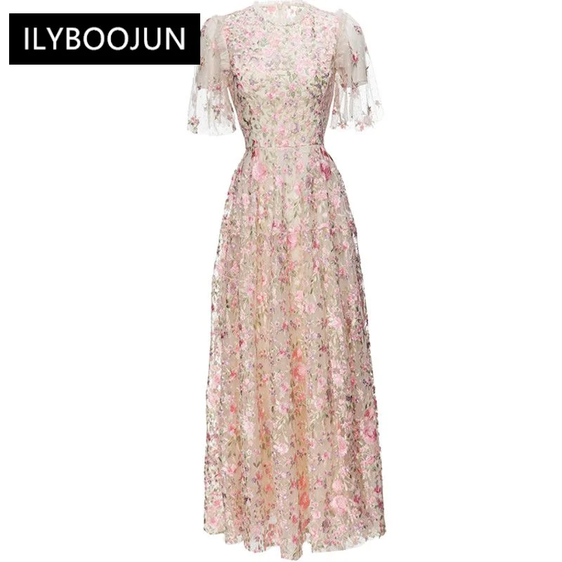 

Dresses For Women 2023 Runway Luxury Party Casual Dress Women Ruffle Collar Short Sleeve Embroidery High Waist Mesh Long Dress