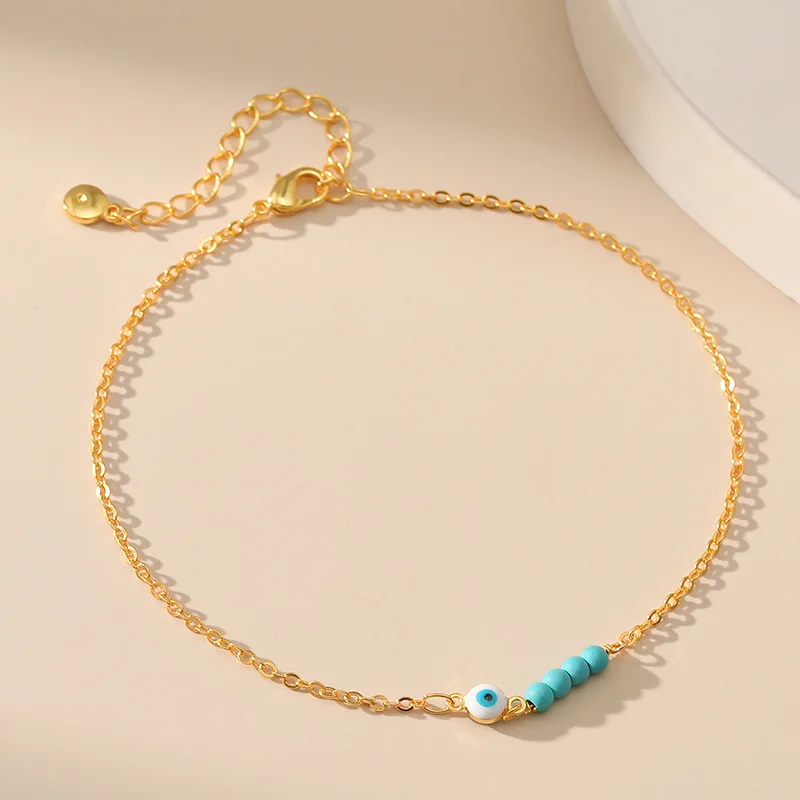 

Simple Style Small Turquoise Beads Women Anklet Devil's Eye Fine Metal Chain Adjustable Size Foot Accessories Fashion Jewelry