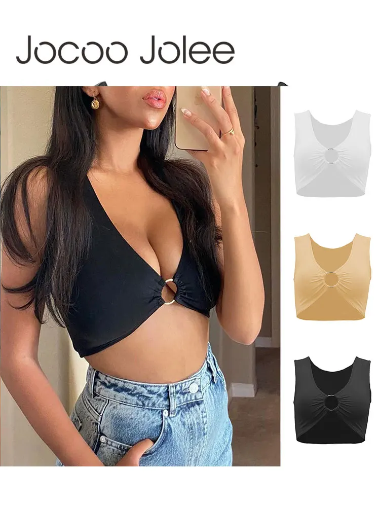 

Jocoo Jolee 2022 Summer Hole V Neck Women Crop Top Solid Color Metal Ring Hollow Out Sexy Slim Vest Casual Sports Fitness Tank