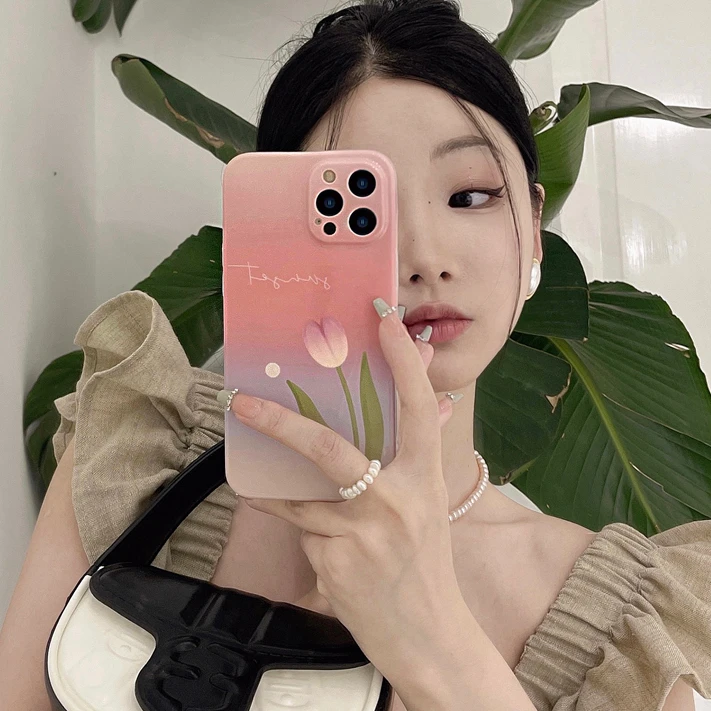 

Korean Gradient Sunset Tulip Phone Case for IPhone 13 12 11 Pro MAX 8 7 Plus X XS Max XR SE2020 Phone Soft Cover Cases
